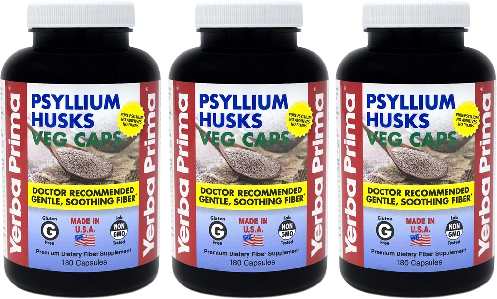 Yerba Prima Psyllium Husks Veg Caps - 180 Conte (Pachet de 3) - Vegan, Non-GMO, Gluten Free, Colon Cleanser, Daily Fiber Supplement for Gut Health & Regularity