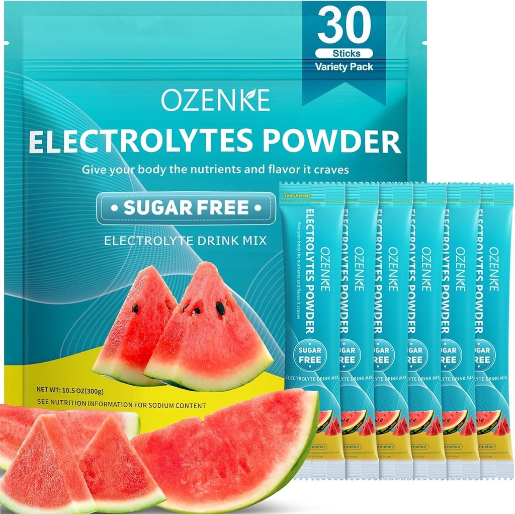 Electroliți Pachete de pulbere,30 Sticks Pachete de hidratare Zahăr gratuit, Electrolitice băuturi Mix Pachete electrolit portabile pentru hidratare rapidă, 0 Zahăr & 0 Calorie, aroma pepene verde