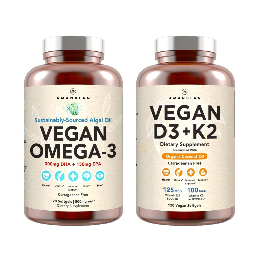Vegan Powerhouse Combo. Omega-3 de la Algal Oil & Vitamina D3 + K2. Plant-Based 5000 ui VIT D de la Algae. 100 mcg All-Trans MK-7 Vita K. Carrageenan Free Veggie Softgels.