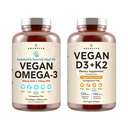 Vegan Powerhouse Combo. Omega-3 de la Algal Oil & Vitamina D3 + K2. Plant-Based 5000 ui VIT D de la Algae. 100 mcg All-Trans MK-7 Vita K. Carrageenan Free Veggie Softgels.