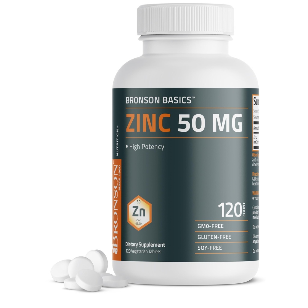 Bronson Zinc 50 MG mare potenta sustine sanatatea pielii - non-GMO, 120 comprimate vegetariene