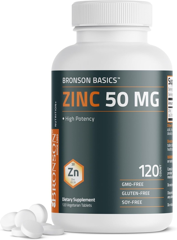 Bronson Zinc 50 MG mare potenta sustine sanatatea pielii - non-GMO, 120 comprimate vegetariene