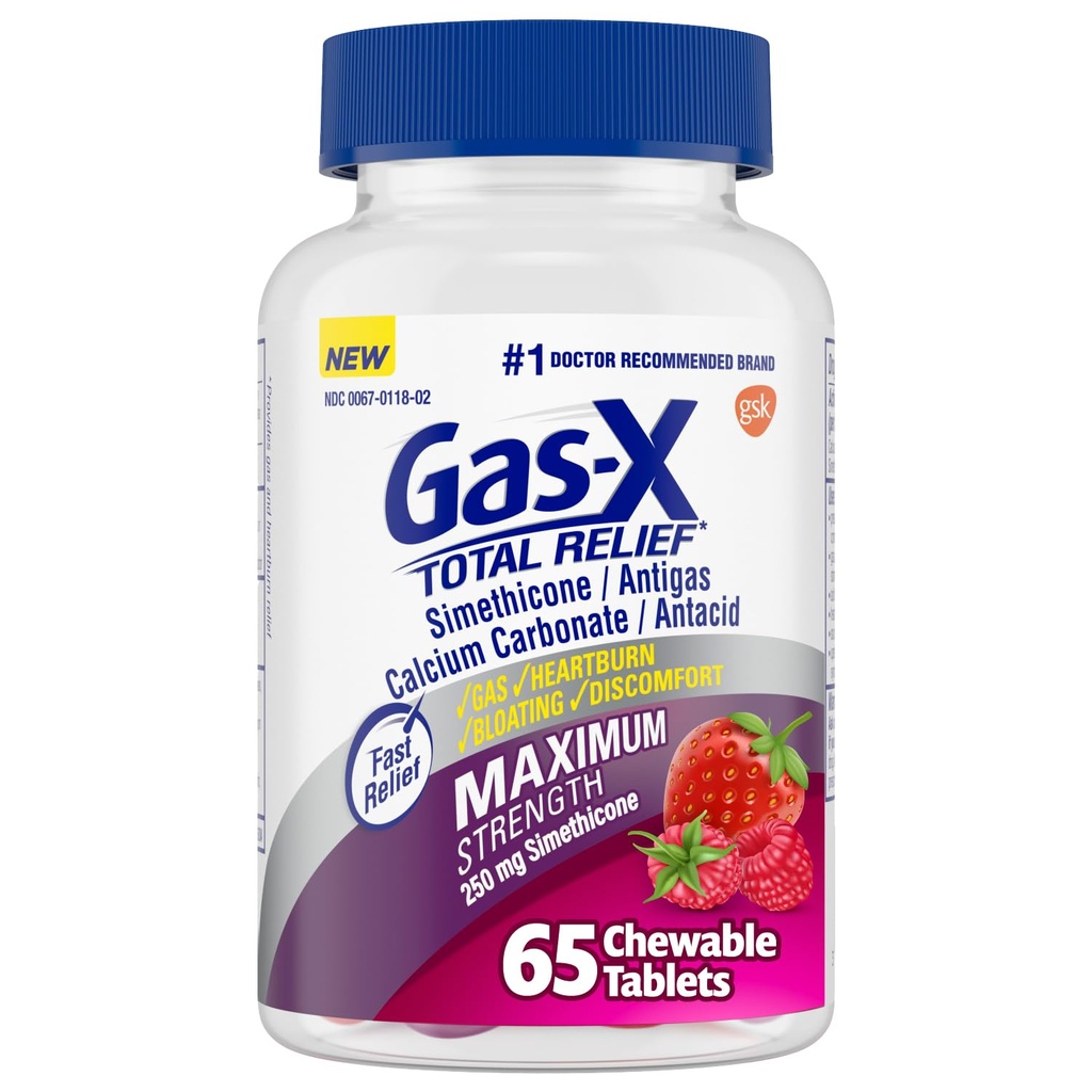Tablete de relief total gaz-X masticabile cu putere maxima de gaz Relief Simethicona 250 mg și Arsuri la stomac Carbonat de calciu 750 mg, Relief Bloating, Berrii mixte - 65 Conte