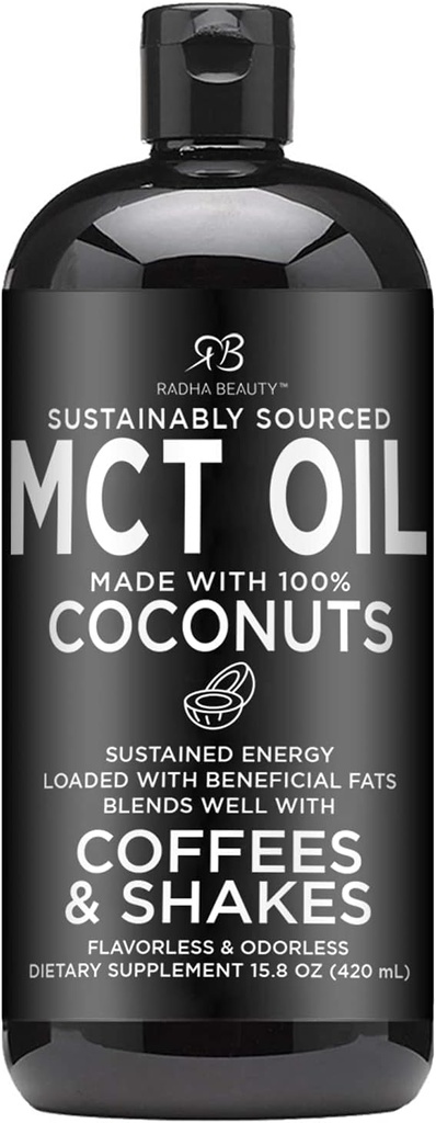 Radha Beauty Premium MCT Ulei produs numai din nuci de cocos non-GMO - 15.8oz. Keto, Paleo, Gluten gratuit și Vegan aprobat.