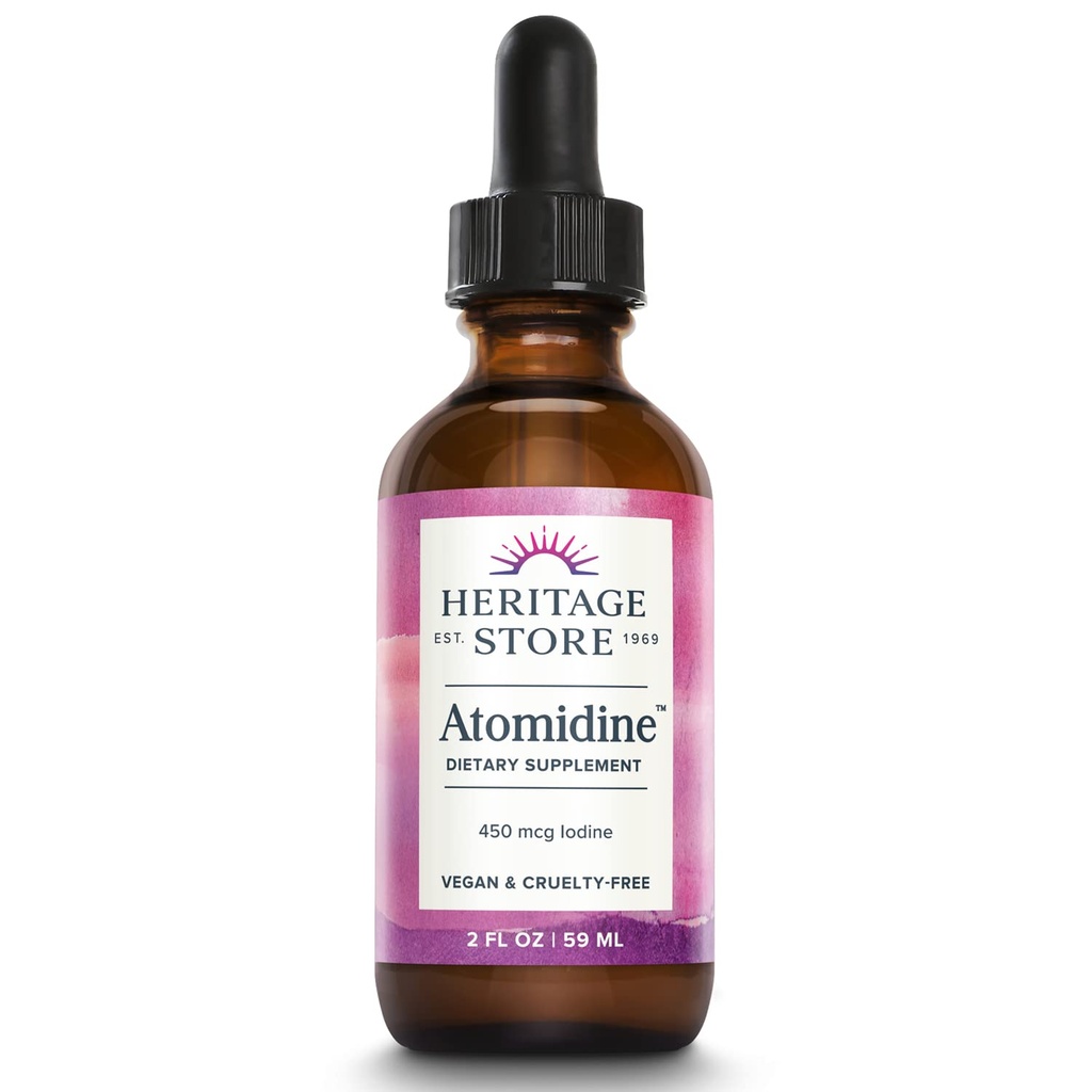 Heritage Store Atomidină 450mcg Picături de iod lichid, Încărcată electric Suplimentul de iod pentru suport tiroidian sănătos, * Formula Biodisponibil, Vegan & Cruzime Gratuit, Aprox. 960 Serviri, 2 fl oz