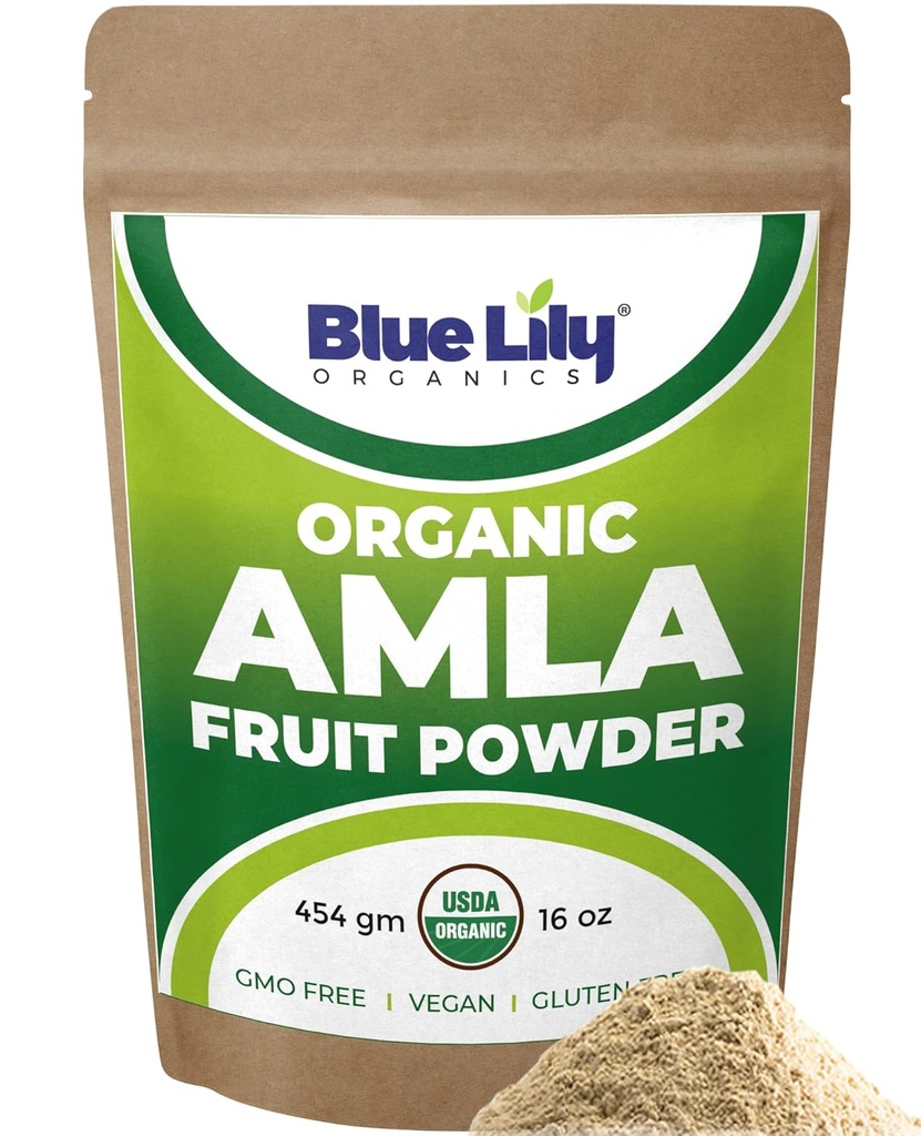 Blue Lily USDA Organic Amla Powder (Amalaki/Indian Gooseberry) 16oz (1lb) Recealable Kraft Bag, 100% Pure Amla Berry Powder, bogat în antioxidant Vitamina C, susține sistemul imunitar sănătos