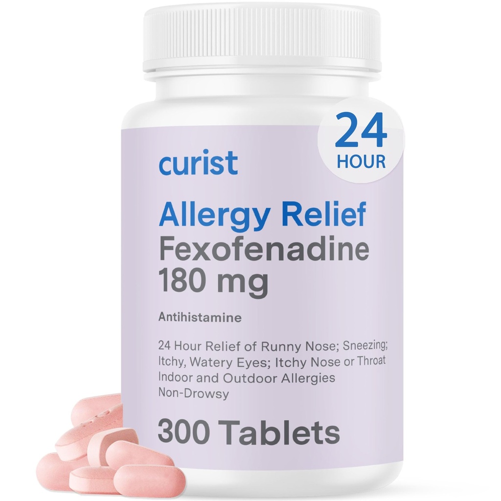 Curist Fexofenadină clorhidrat 180 mg (300 comprimate) - 24 HR Antihistaminice Suplimente de ajutorare pentru alergii (300 Conte) Toată ziua Putere Generic Fexofenadină vrac non Drowsy Alergie Ajutor