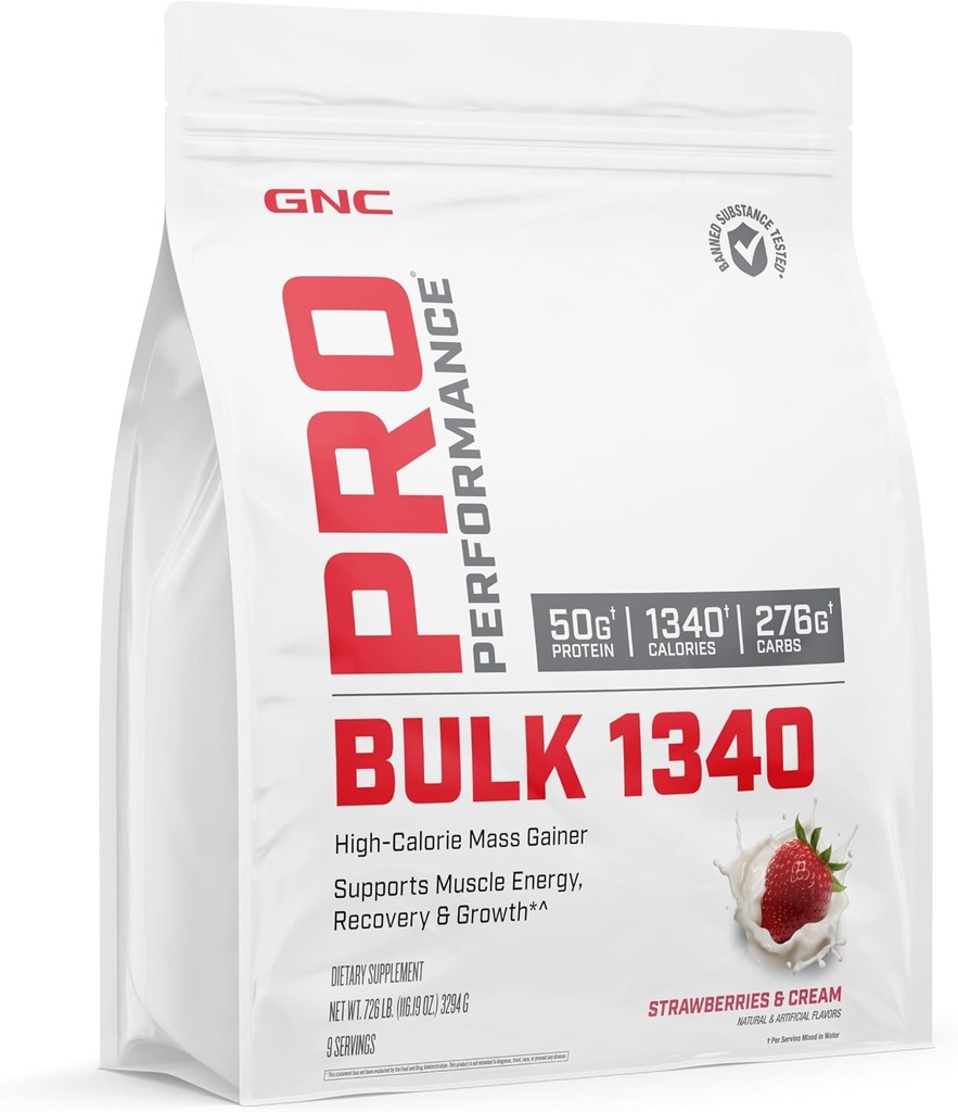 GNC Pro Performance Bulk 1340 Mass Gainer Proteine Pulbere, 50g, Gluten Free, Whey, Creatine, BCAA, 3rd Party Testat, Recuperare si crestere musculara, Micronutrients, Căpșuni și Cream, 9 Servings