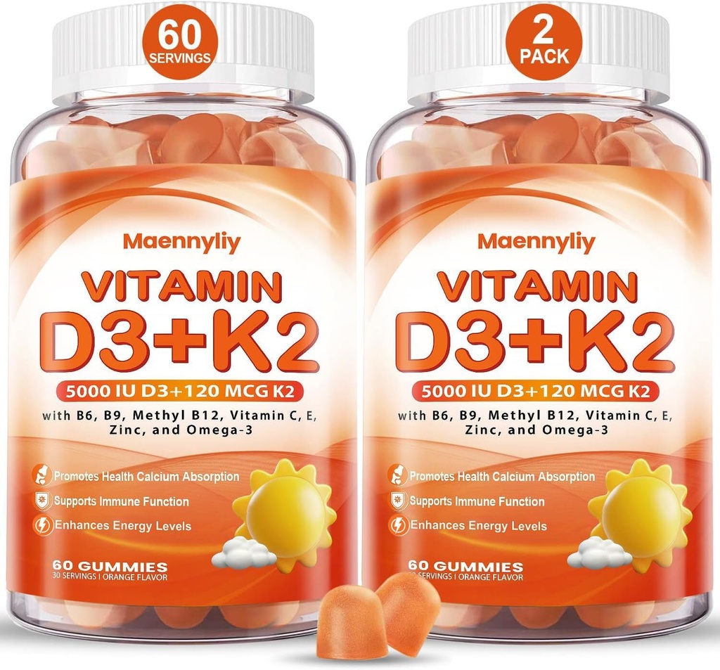 Vitamina D3 K2 Gumiile pentru adulți - Vitamina D3 5000UI + K2 (MK-7) 120mcg - Suplimente D3 fără zahăr și K2 cu Omega-3, metil B12, B9, B6, vitamine E & Zinc - pentru absorbția de calciu și sănătatea imună