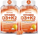 Vitamina D3 K2 Gumiile pentru adulți - Vitamina D3 5000UI + K2 (MK-7) 120mcg - Suplimente D3 fără zahăr și K2 cu Omega-3, metil B12, B9, B6, vitamine E & Zinc - pentru absorbția de calciu și sănătatea imună