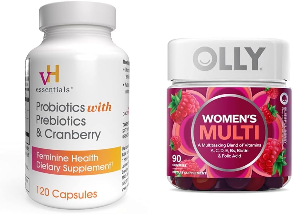 VH esențiale Probiotice cu prebiotice și Cranberry Feminine Health Supplement - 120 capsule și OLLY Femeii Multivitamine Gummy, Berry, 90 Conte Bundle