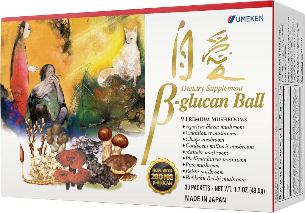 Umeken Beta Glucan, Boost Immune, Extract de ciuperci, Supliment alimentar, Amestec de 9 Pachete de extract de ciuperci Premium, Ușor de a lua suplimente beta Glucan, 1 lună de aprovizionare, 30 cutie conte, ambalaj de 1