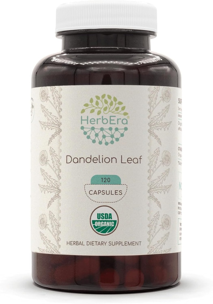 HerbEra Dandelion Leaf 120 capsule, 500 mg, USDA Organic Dandelion (Taraxacum officinale) Leaf uscat (120 capsule)