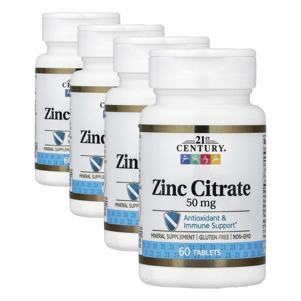 21st Century Healthcare Zinc Citrate Tablets 50mg, 60 Count (Pachet de 4)