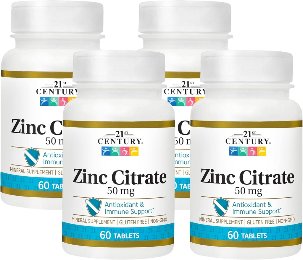 21st Century Healthcare Zinc Citrate Tablets 50mg, 60 Count (Pachet de 4)