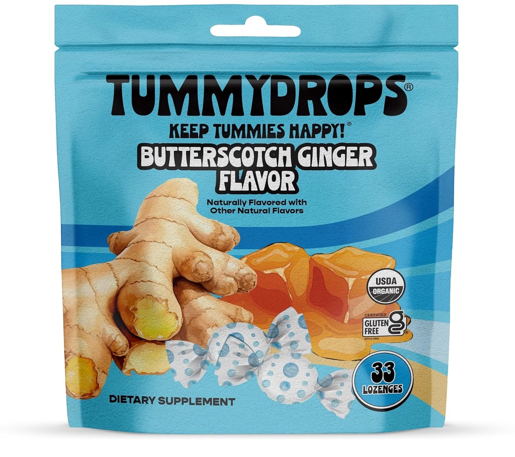 USDA Organic Butterscotch Aroma de ghimbir Tummeldrops, Gluten Free & Vegan, 33 Organic Ginger Lozenges