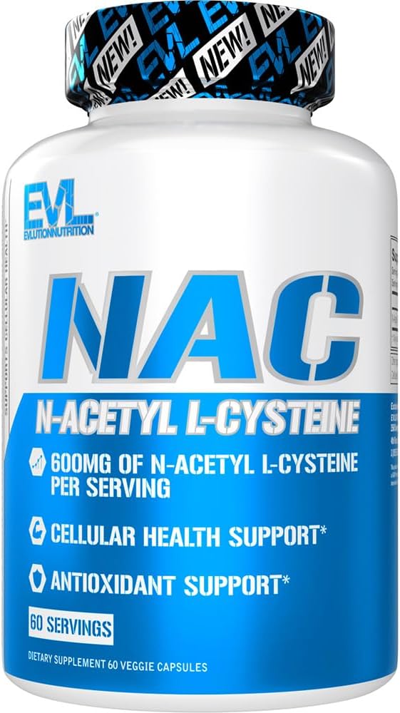 Evlution Nutrition NAC N-Acetyl L-Cysteine - 600 mg N-Acetyl L-Cysteine Per Serving - Suport antioxidant - Asistență medicală - Supliment alimentar - Vegan & Gluten gratuit - 60 Capsule vegetale - 60 Serviri