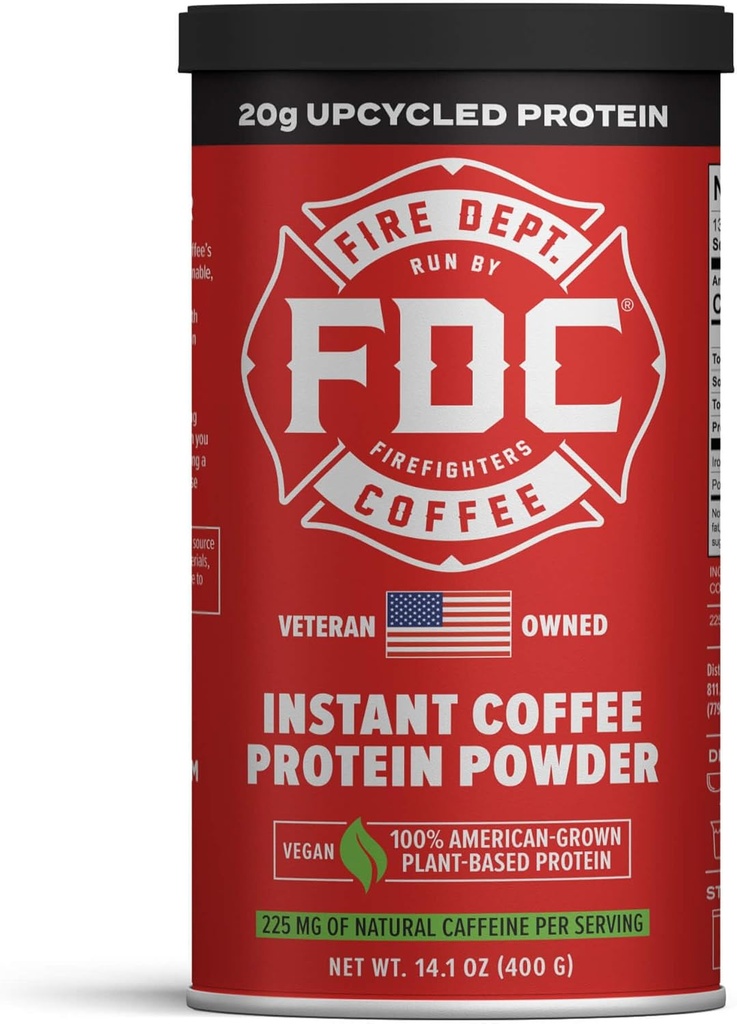 Pompier Departamentul de cafea - Dă înapoi la pompieri - Cafea instant praf de proteine - Pudră de proteine pe bază de plante - 100% American-Grown, Made with Upcycled Barley Proteine - Veteran proprii - 14,1 oz Can