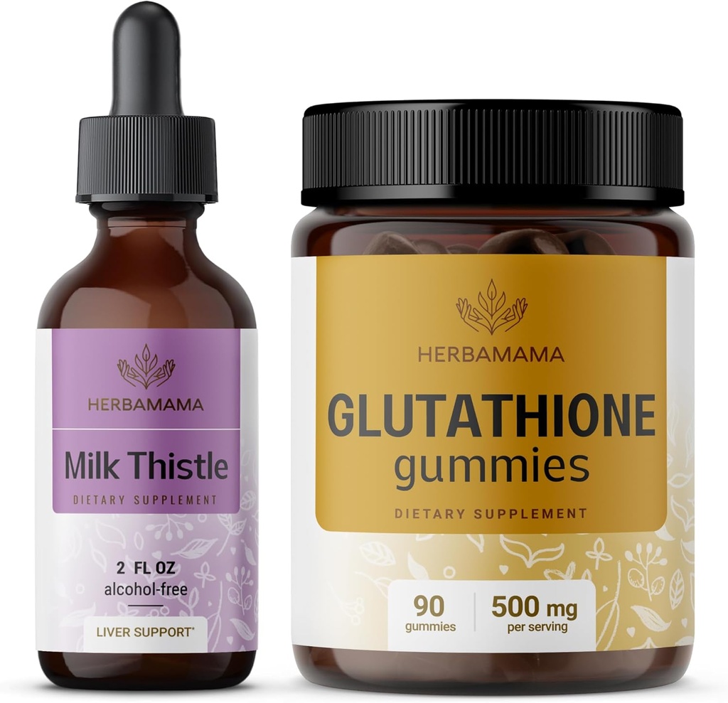 HERBAMAMA Milk Thistle and Glutatione Kit - Bundle of Milk Thistle Extract 2 fl oz & 500 mg Reducere L-Glutatione Gummies - Vegan, Non-GMO, Alcool-Free - 2 Pack