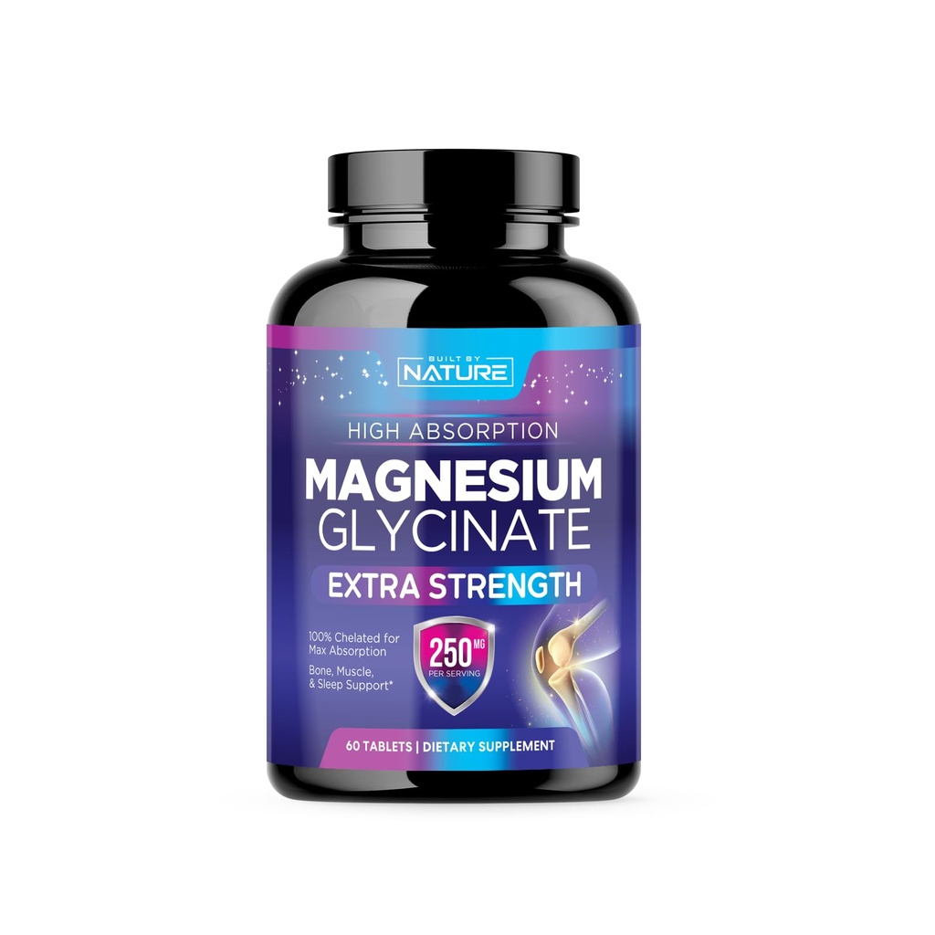 Glicinat de magneziu 250mg - Absorbţie mare Suplimentul de magneziu Chelated - 100% Glicinat de magneziu pur - Stres, somn, inima, şi suport de sănătate musculară - non-GMO, Vegan, Gluten-Free (60 comprimate)