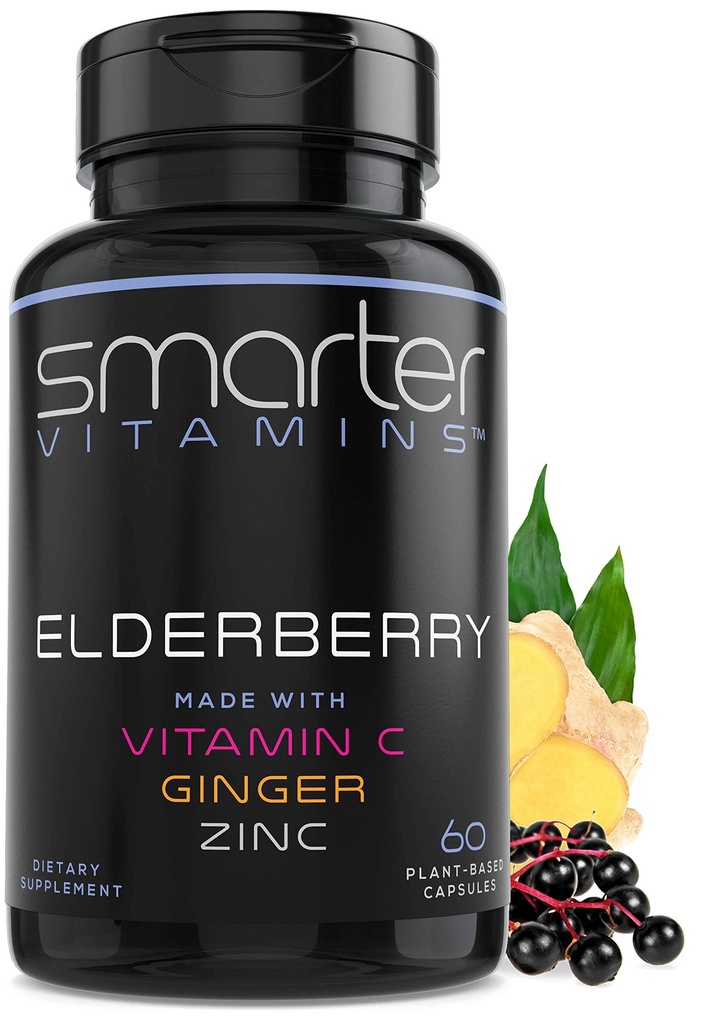 Capsule de elderberry mai inteligente + vitamina C + ghimbir & zinc, Suplimentul plantei, puternic Black Elder Berry extract de antioxidant vitamina, 60 Vegan pastile