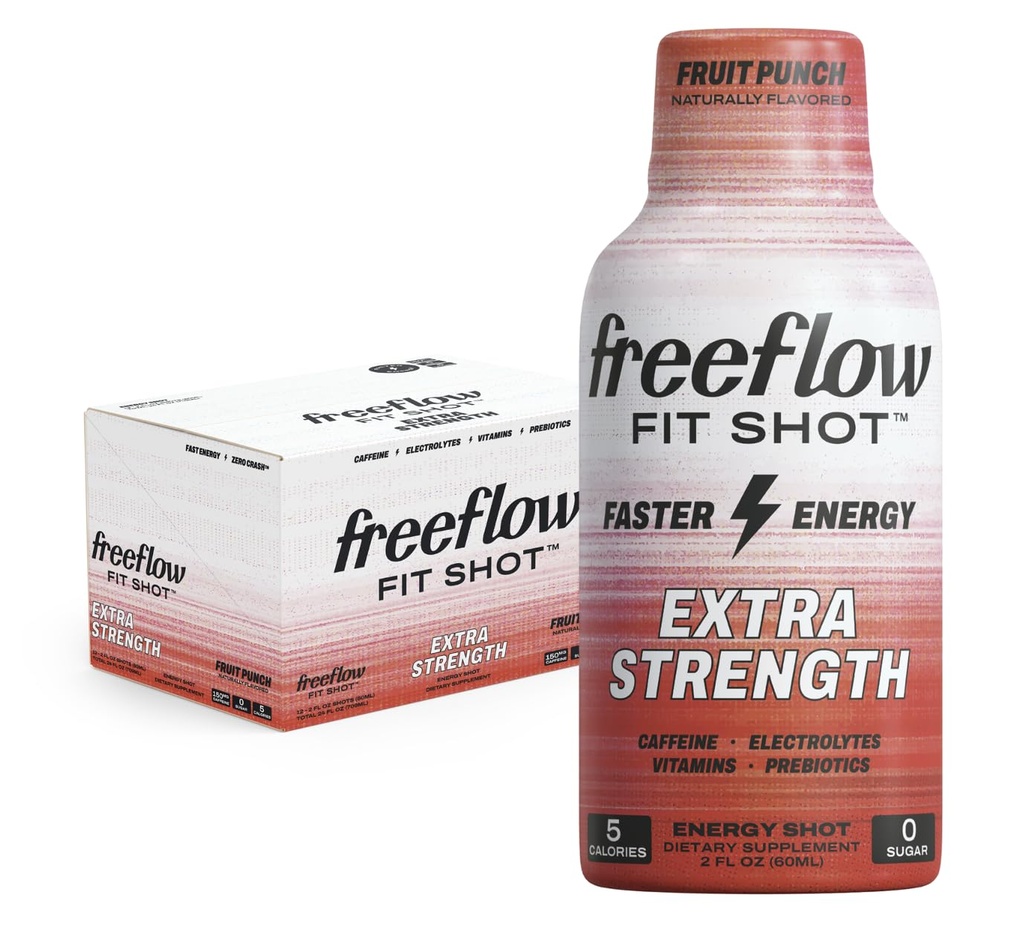 Freeflow Fit, Extra Power Energy Shot, Fruit Punch (2 Ounce Shot, Pack of 12) - 150mg de Caffeine Per Shot, Zero Calorie, Zero Sugar Energy Shot...
