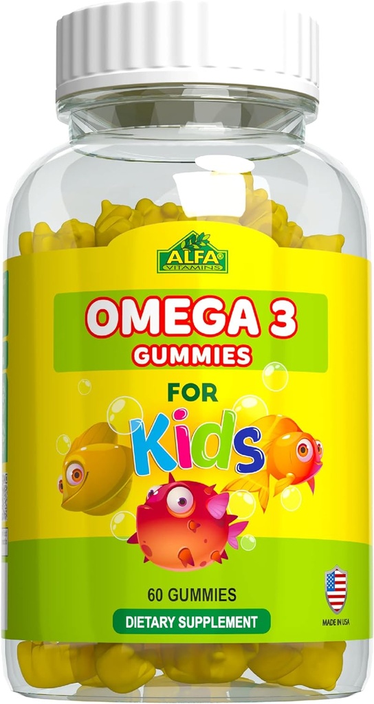 ALFA VITAMINS Omega 3 copii Gumies, Suportă dezvoltarea creierului, Heart Health & Vision, Ușor de mestecat, Omega 3 Supliment pentru copii, Orange Arostat, Fără Gust Fishy, 3 Gumies Daily, 60 Gummies