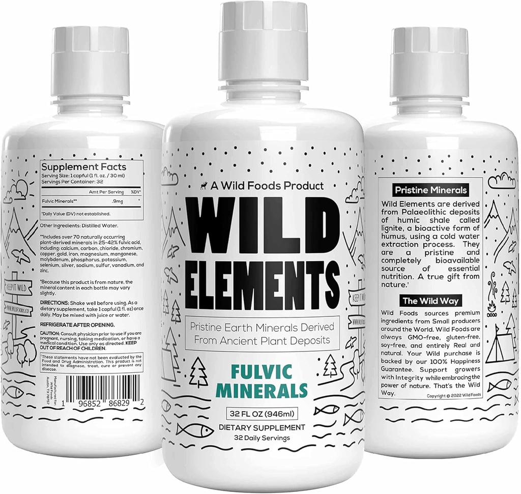 Elemente salbatice Suport acid fuzelian Blend minerale Derivate din depozite de plante antice, Lining cu guta de vindecare, Îmbunătățirea Cogniției și Imunității, 70+ Minerale, Toate naturale, 32 oz
