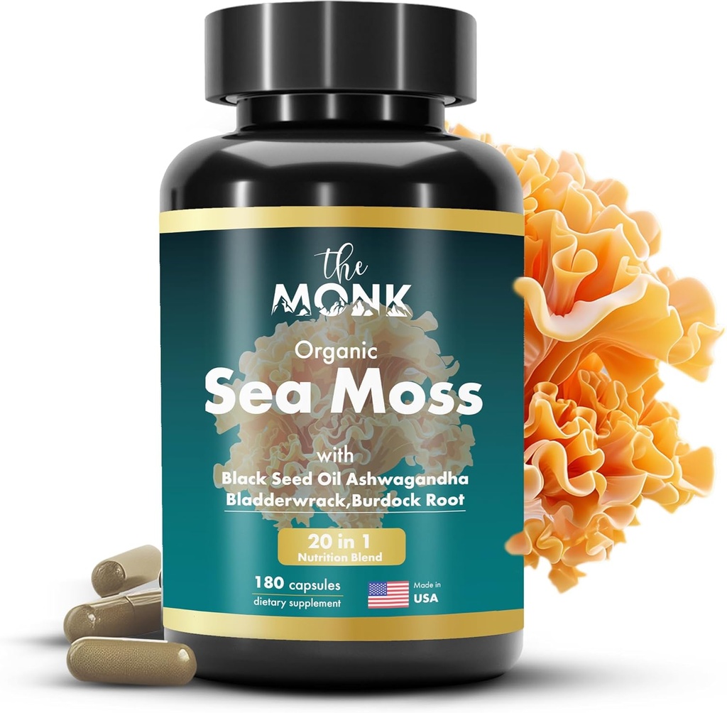 Organic Irish Sea Moss Capsules - Advance Formula, Raw Wildcrafted Seamoss Supliment cu Bladderwrack și Brodock Root - 180 pastile - Made in the USA