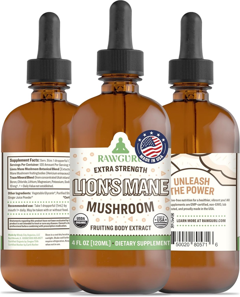 Coama lui RawGuru Lion Tinctură de ciuperci - Extractul de coamă Vegan Lion cu Minerale Trace - Nano-processed Imunity Boost & Cognitive Supplement - 120 Servings of Vegan Drops per 120 ml, Pachet de 1