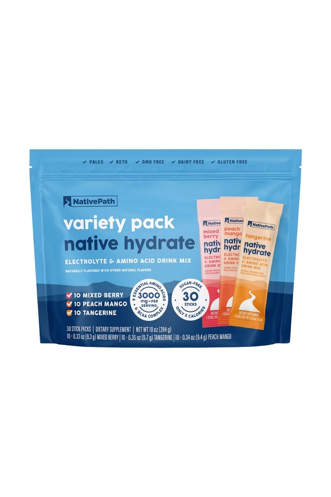 NativePath Native Hidrate Stick Packs cu electroliți și aminoacizi, Variety Pack, Mixed Berry, Peach Mango, Mandarine, 30 Serviri