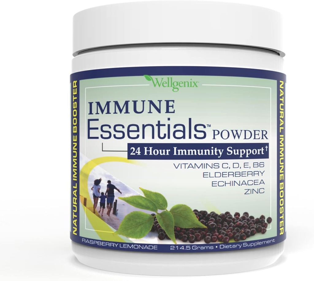 Wellgenix Immune Essentials - Multivitamine pulbere pentru bărbați, femei și copii - Vegan Supliment cu vitamine C, D Elderberry Zinc, Echinacea pentru copii mici, Kid & Adult - 7.57g (Raspberry Lemonade)