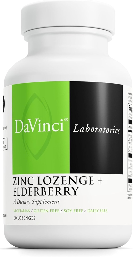DAVINCI Labs Zinc Lozenge + Elderberry - Supliment pentru a sprijini sistemul imunitar, Plămâni sănătoşi şi ţesuturi gât* - cu vitamina D3, zinc, Elderberry & More - Lemon Flavor - 60 Lozenges