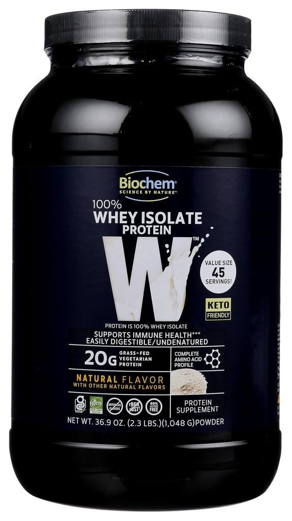 Biochem 100% Whey Proteina izolata - Aroma naturala - 20 g de proteine - Pre & Post Antrenament - Inlocuirea mesei - Keto-Prieten - Usor Digestible - Silky Smooth Gust - Usor de amestecat (36,9 oz)