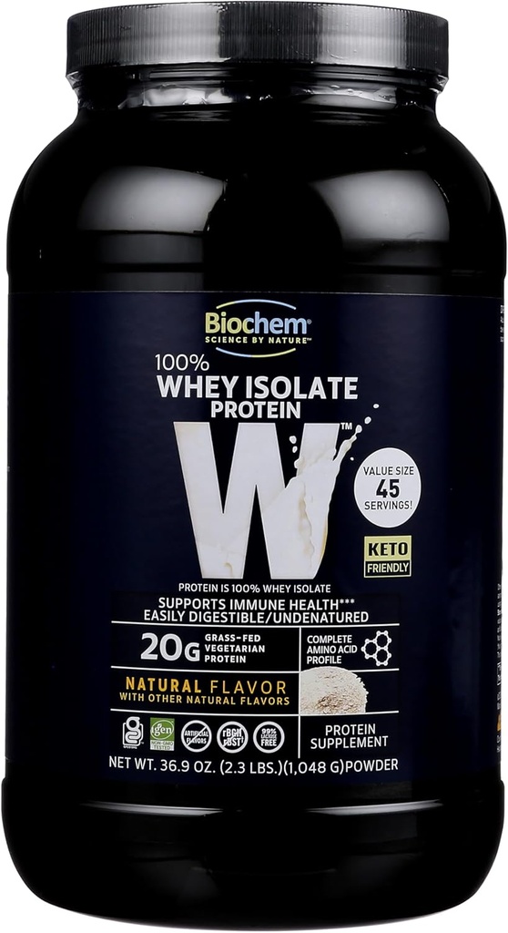 Biochem 100% Whey Proteina izolata - Aroma naturala - 20 g de proteine - Pre & Post Antrenament - Inlocuirea mesei - Keto-Prieten - Usor Digestible - Silky Smooth Gust - Usor de amestecat (36,9 oz)