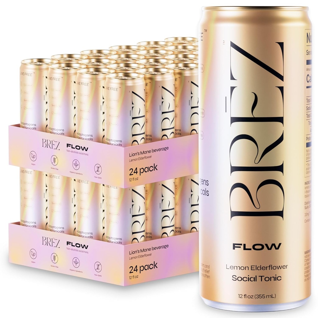 BREZ FLOW Lions Mane Mushroom Drink, 48-Pack, Neinfuzat, Adaptogens, Relieving, Înălțare, și Social, Sparkling Lemon Elderflower Tonic 12 Fl oz