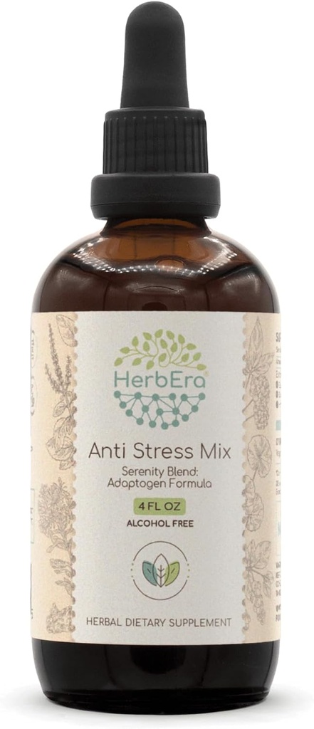 Anti Stress Mix B120 Extract fără alcool Tinctură, Eleuthero Root, Rhodiola Root, Schisandra Berry, Gotu Kola Herb, Sfântul Basil Herb. Serenity Blend: Adaptogen Formula 4 Fl Oz