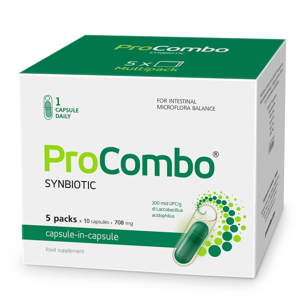 Synbiotic inteligent cu livrare vizate de Bacteria Bun. Capsulă dublă şi formulă lichidă pentru rezultate rapide. 1 Capsule pe zi (pachet de 5 capsule)