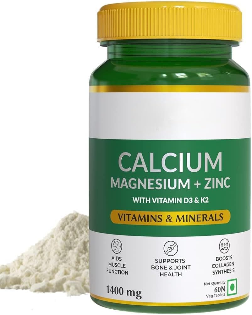 Naturals Calciu Magneziu & Zinc Tablete cu vitamina D3 & K2 (600 UI), Supliment de calciu pentru femei și bărbați, pentru sănătatea musculară