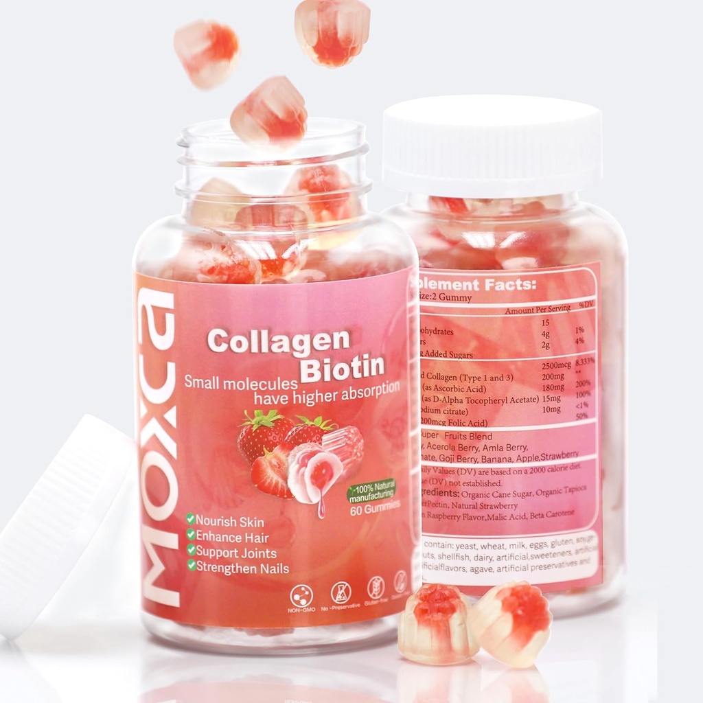 Colagen Gummies - 60 Count,Hydrolyzed Colagen Tip 1 & 3,Vitamina C E pentru femei Bărbați Sănătoși Articulații ale părului,Non-GMO,Gluten-Free,Gelatin-Free (120 Counts)