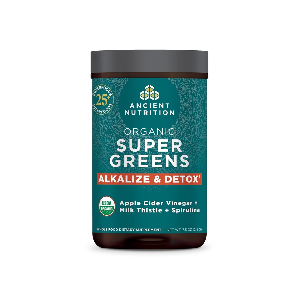 Nutritie antica Supergreens Alkalize & Pulbere dezintoxicare, Pudră organică Superfood Made from Real Fruits, Legume și plante aromatice, for Digestive and Energy Support, 25 Servings, 7.5oz