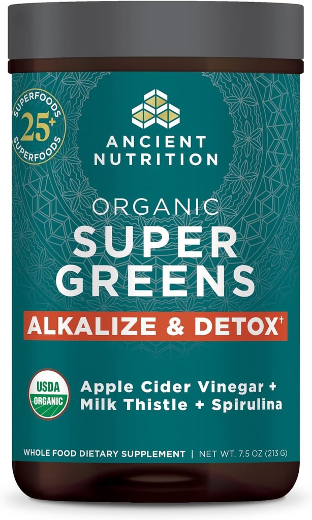 Nutritie antica Supergreens Alkalize & Pulbere dezintoxicare, Pudră organică Superfood Made from Real Fruits, Legume și plante aromatice, for Digestive and Energy Support, 25 Servings, 7.5oz