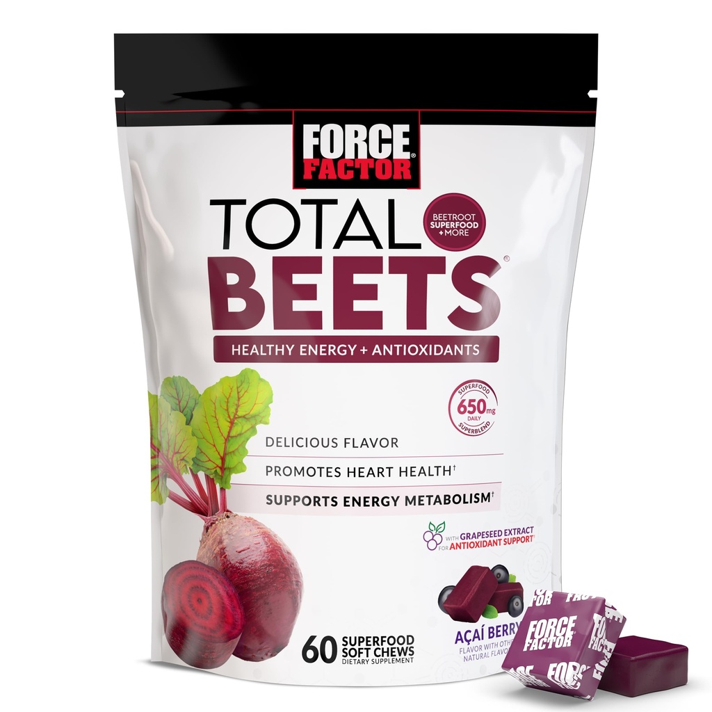 Force Factor Total Beets Soft Chews with Beetroot, Nitrates, L-Citrulin, Extract de semințe de struguri și antioxidanți, Supliment energetic sănătos cu ingrediente Elite, Heart Health Superfood, 60 Chews