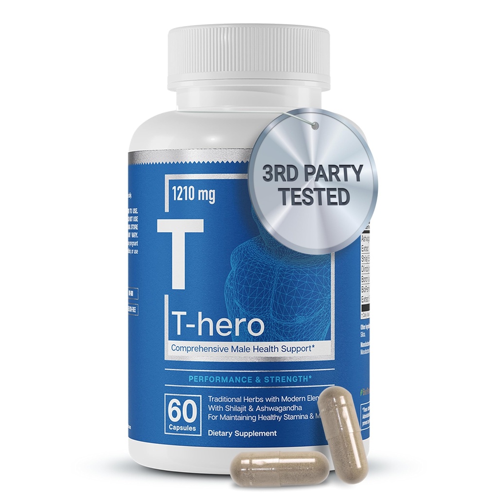 Elemente esențiale T-Hero - Daily Testosteron Support for Men - Promovează Vitality & Drive - cu Ashwagandha, Shilaj, Boron, DIM - 60 Conte - 30 Servings