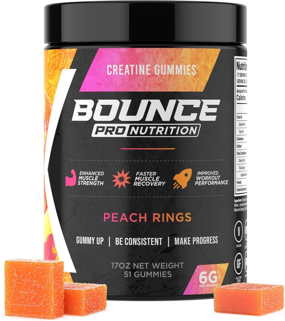 Bounce Pro Creatin Monohidrat Gummies pentru bărbaţi şi femei, Calorie scăzut, 6G de Creatină per Serving, Vegan, Anti-Melting, Gluten-Free, non-GMO, 2g de Creatin per Gummy (51ct, Peach Rings)