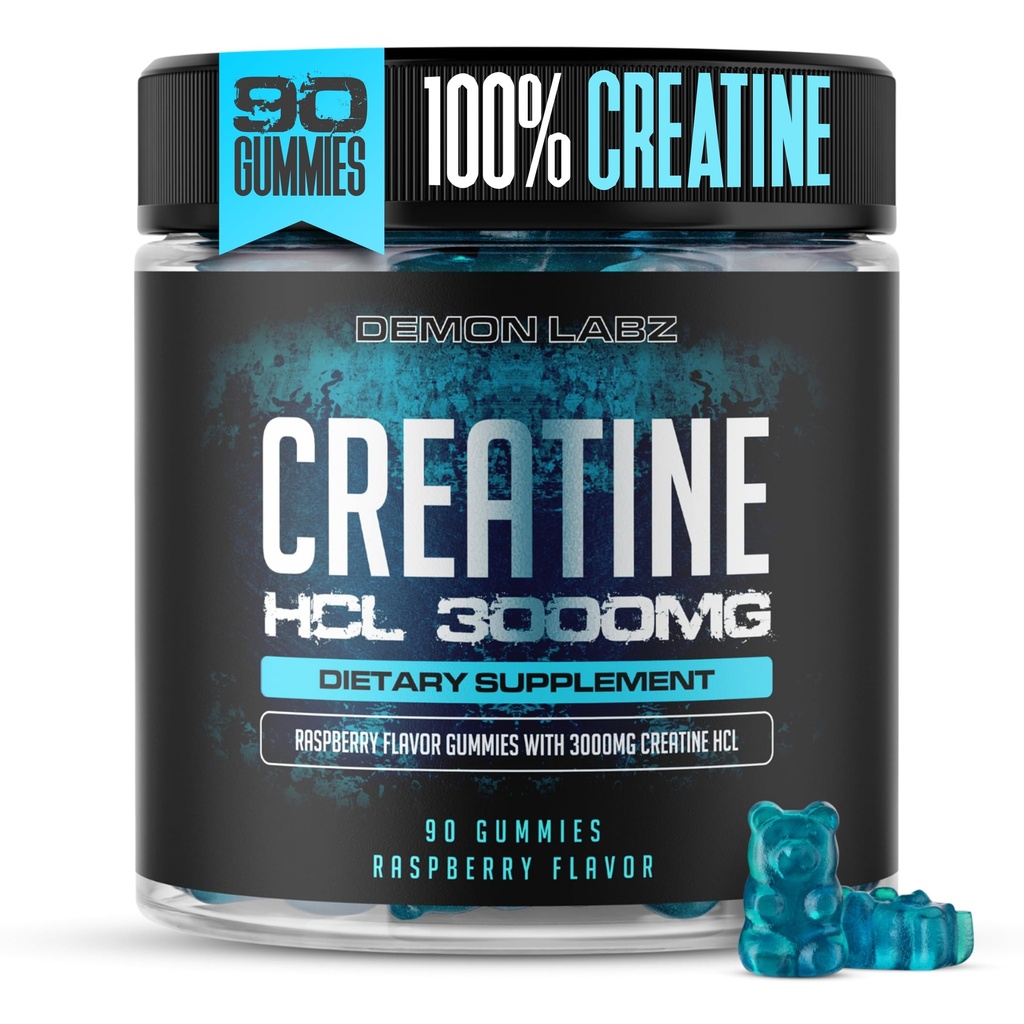 Creatine HCL 3000mg Per Serving - Aromă de zmeură - Gume Vegane (90 Count (Pachet de 1), zmeură)