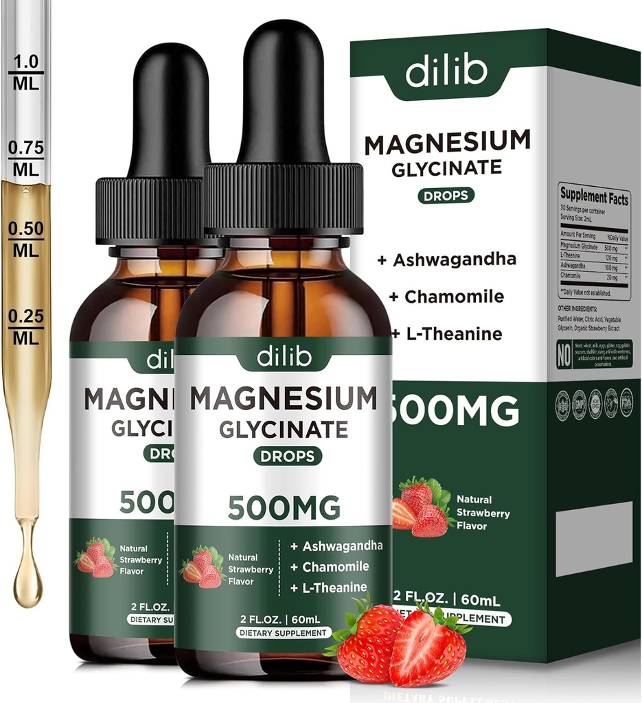 Magneziu Glicinate Picături lichide Supliment, cu magneziu Glicinate 500mg Ashwagandha, L - Theanină, Mușețel -Suport Stres Relief, Os, Muschi, Mood Căpșuni Flavor 2Pachet