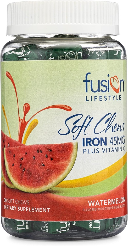 Supliment de fier pentru femei și bărbați, Pepene verde arostat Soft Chew Plus Vitamina C pentru deficit de fier și anemie, 1 lună de aprovizionare, 30 Conte