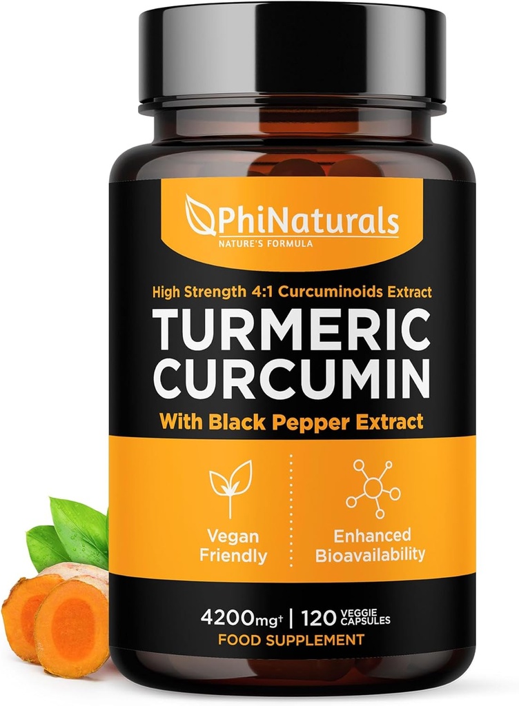 PhiNaturals Curcumin supliment cu extract de piper negru - 4200 mg Root Curcuma echivalent întreg per 3 capsule Servire - Pastile Tumeric