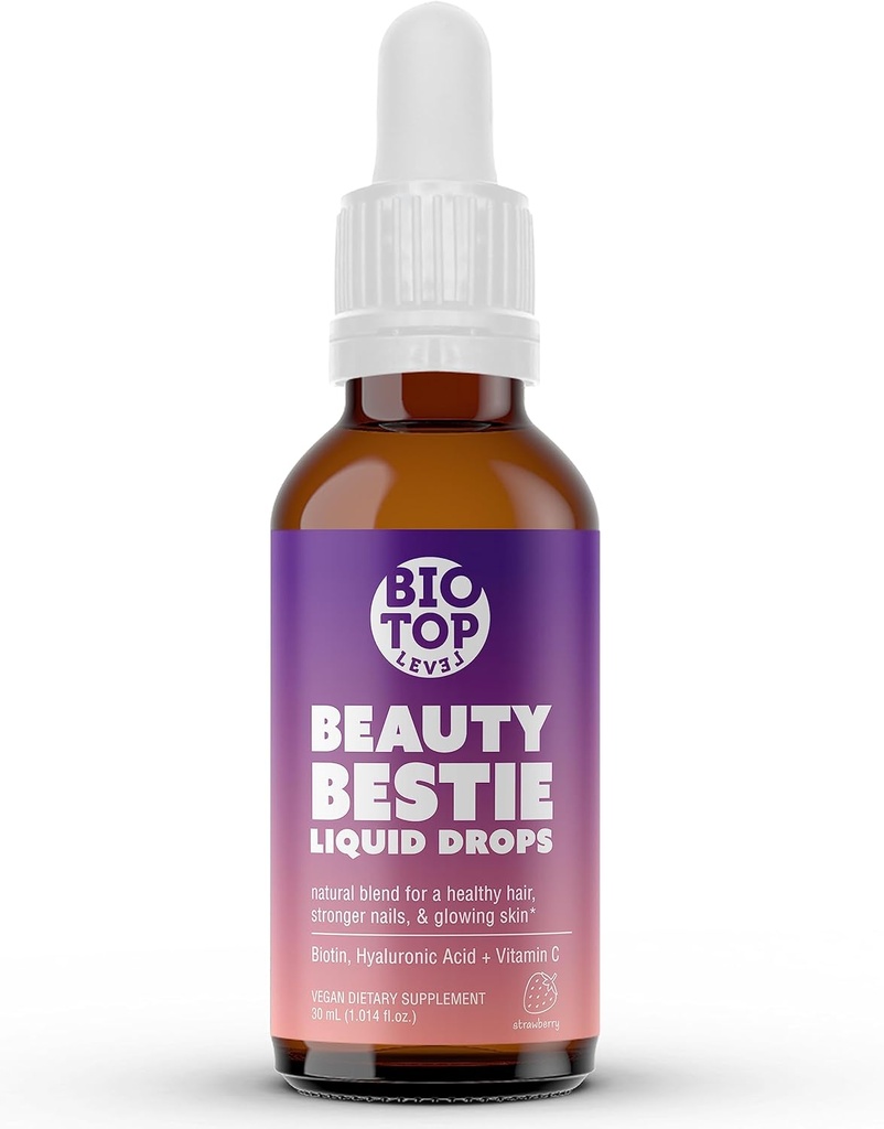 Beauty Bestie Vegan Picături lichide, Biotin, Vitamina C, Acid hialuronic, vitamine multi-benefit Blend pentru a sprijini parul sanatos, Skin & Nails Crowth, Zahăr gratuit 1 fl oz.